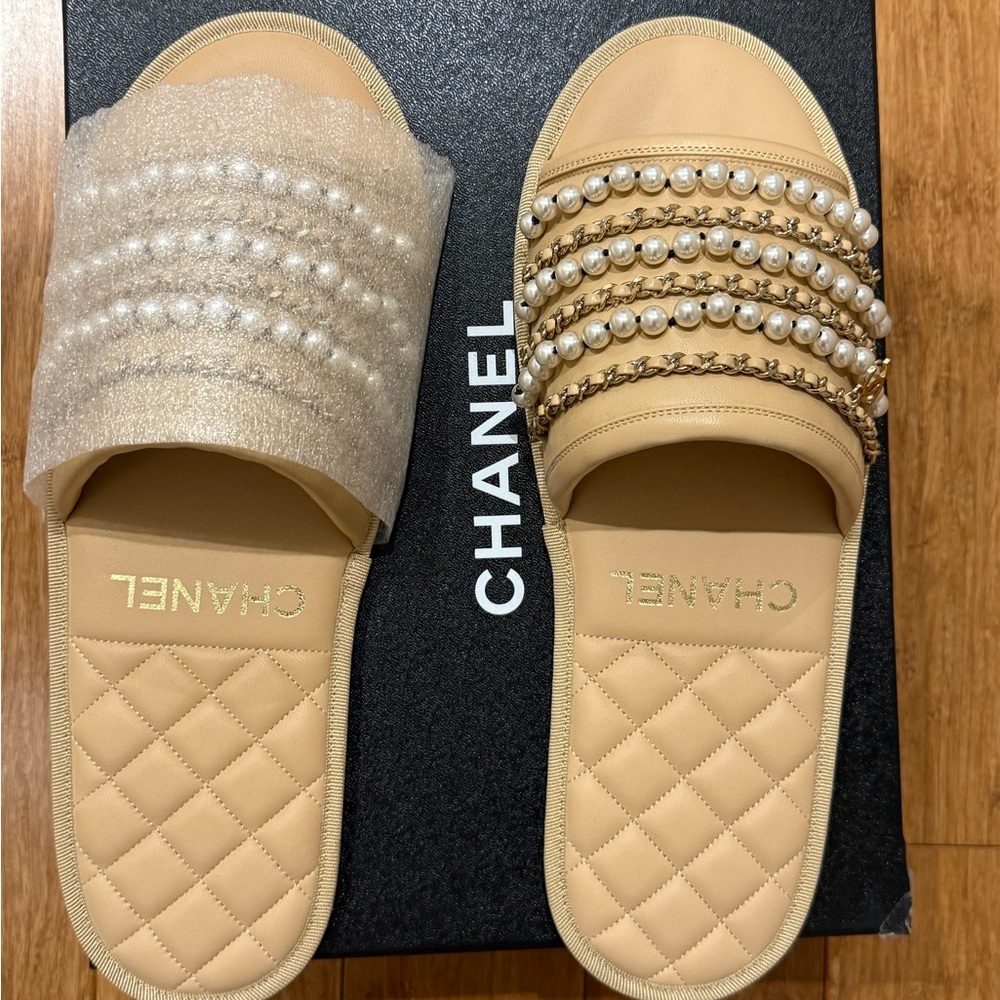 CHANEL Tan Sandals with Pearl Embellishments